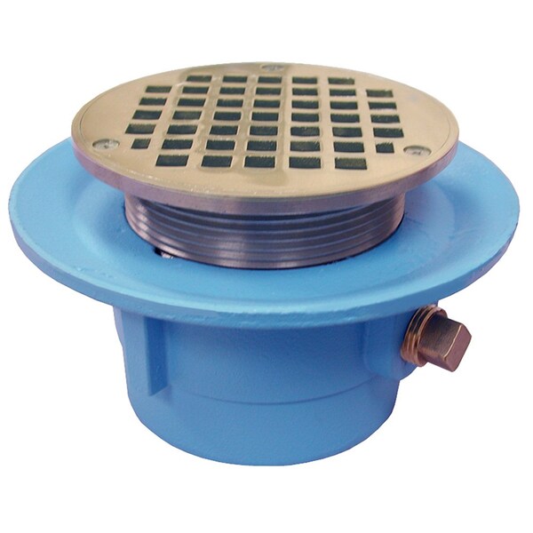 Jones Stephens D67039 3" No Hub Code Blue Slab Drain with 7" Pan and 8" Nickel Bronze Round Strainer - Height 4-1/8" - 5-5/8"