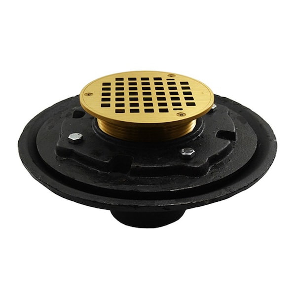 Jones Stephens D80107 4" Heavy Duty Inside Caulk Floor Drain/Shower Drain with 10" Pan and 5" Polished Brass Round Strainer - Height 4-1/2" - 6-1/2"