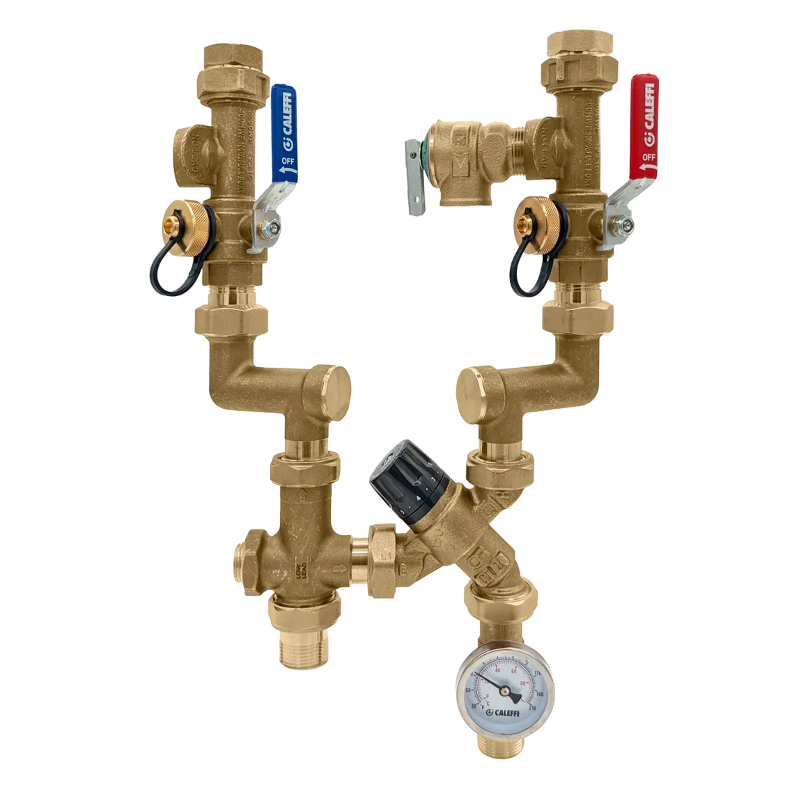Caleffi 520510AP PivotMixer™3-Way Mixing Valve 3/4", NPT female union tank, L-connector, NPT male union system, gauge-ASSE 1017