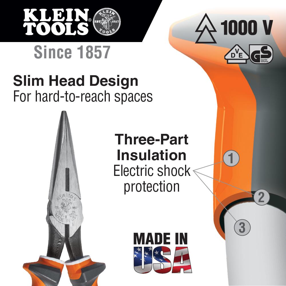 Klein Tools 2037EINS Long Nose Side Cut Pliers, 7-Inch Slim Insulated