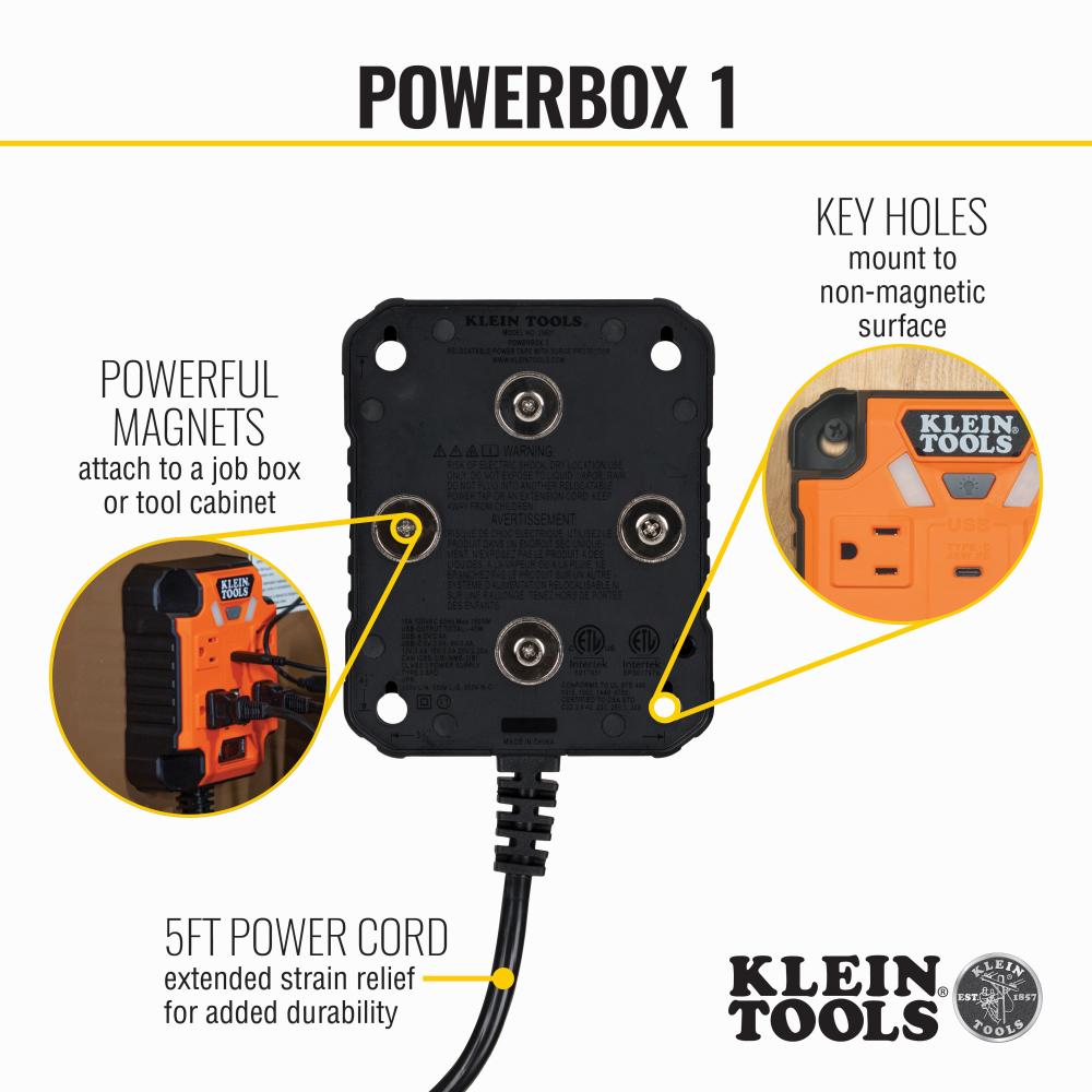 Klein Tools 29601 PowerBox 1, Magnetic Mounted Power Strip with Integrated LED Lights