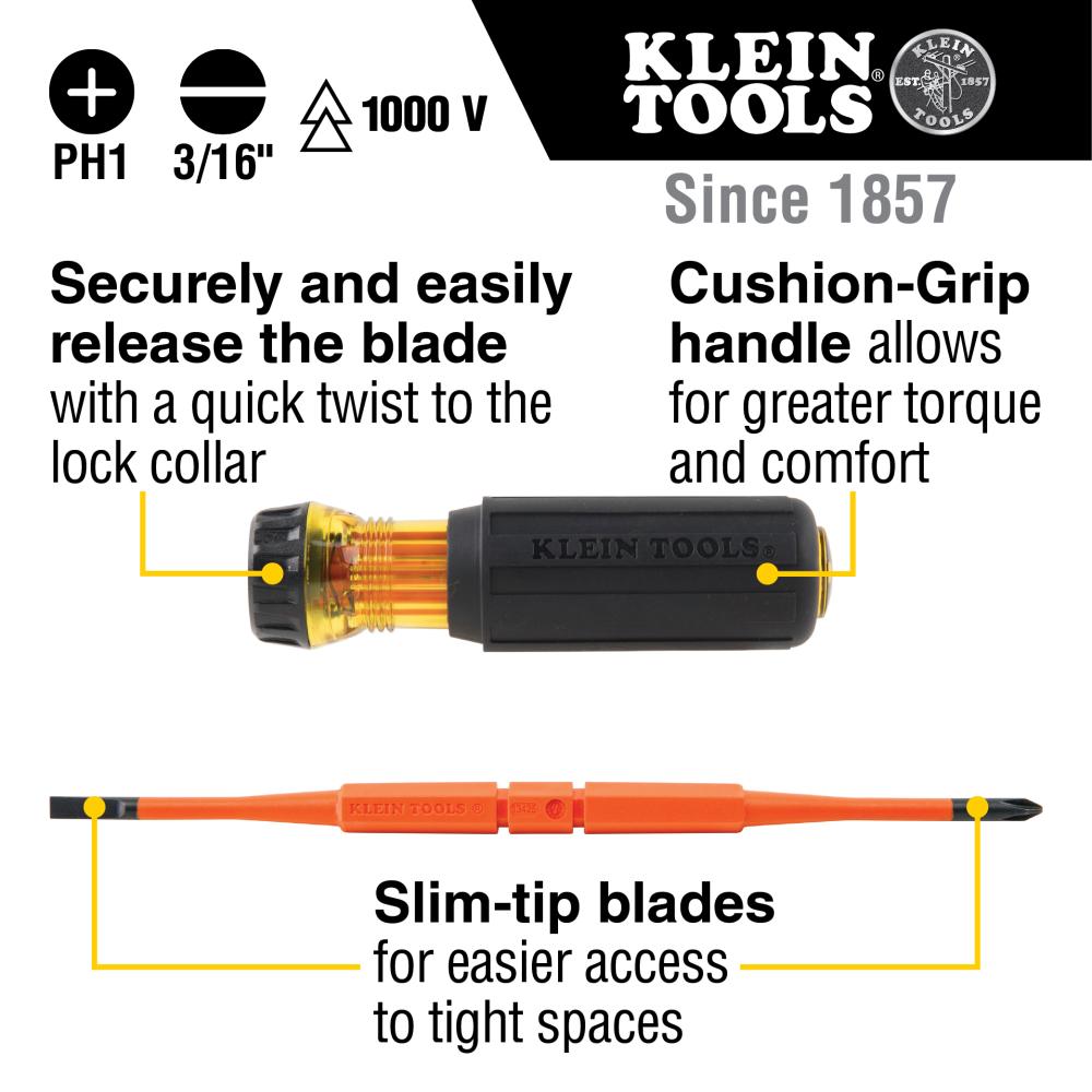 Klein Tools 32286 Flip-Blade Insulated Screwdriver, 2-in1, Ph Bit #1, Sl Bit 3/16-Inch