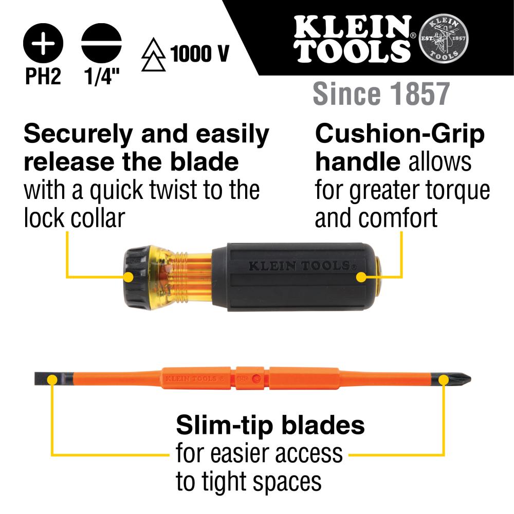 Klein Tools 32293 Flip-Blade Insulated Screwdriver, 2-in1, Ph Bit #2, Sl Bit 1/4-Inch