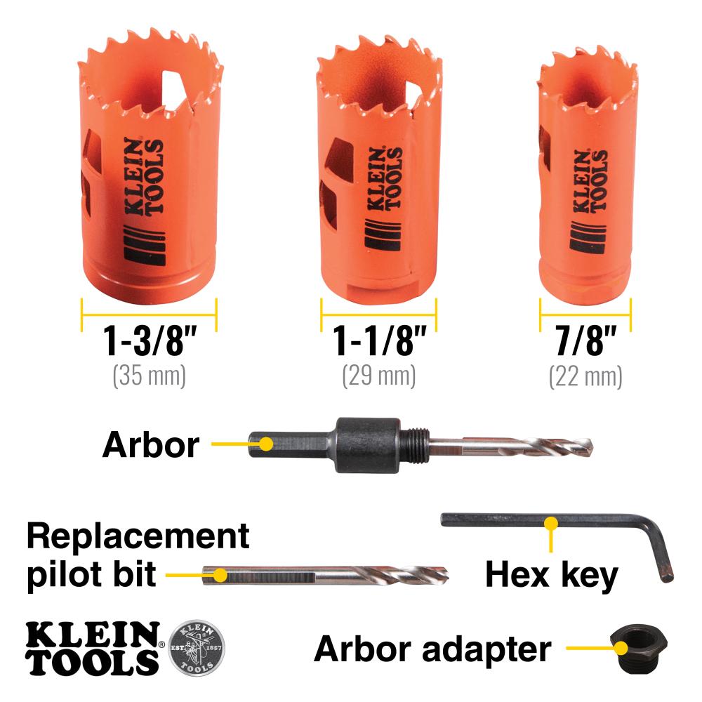 Klein Tools 32905 Electrician's Hole Saw Kit with Arbor 3-Piece