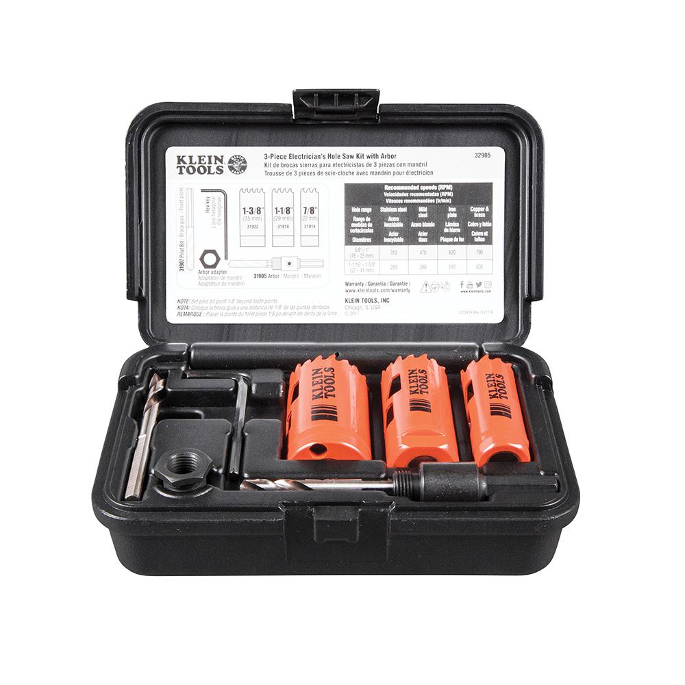 Klein Tools 32905 Electrician's Hole Saw Kit with Arbor 3-Piece