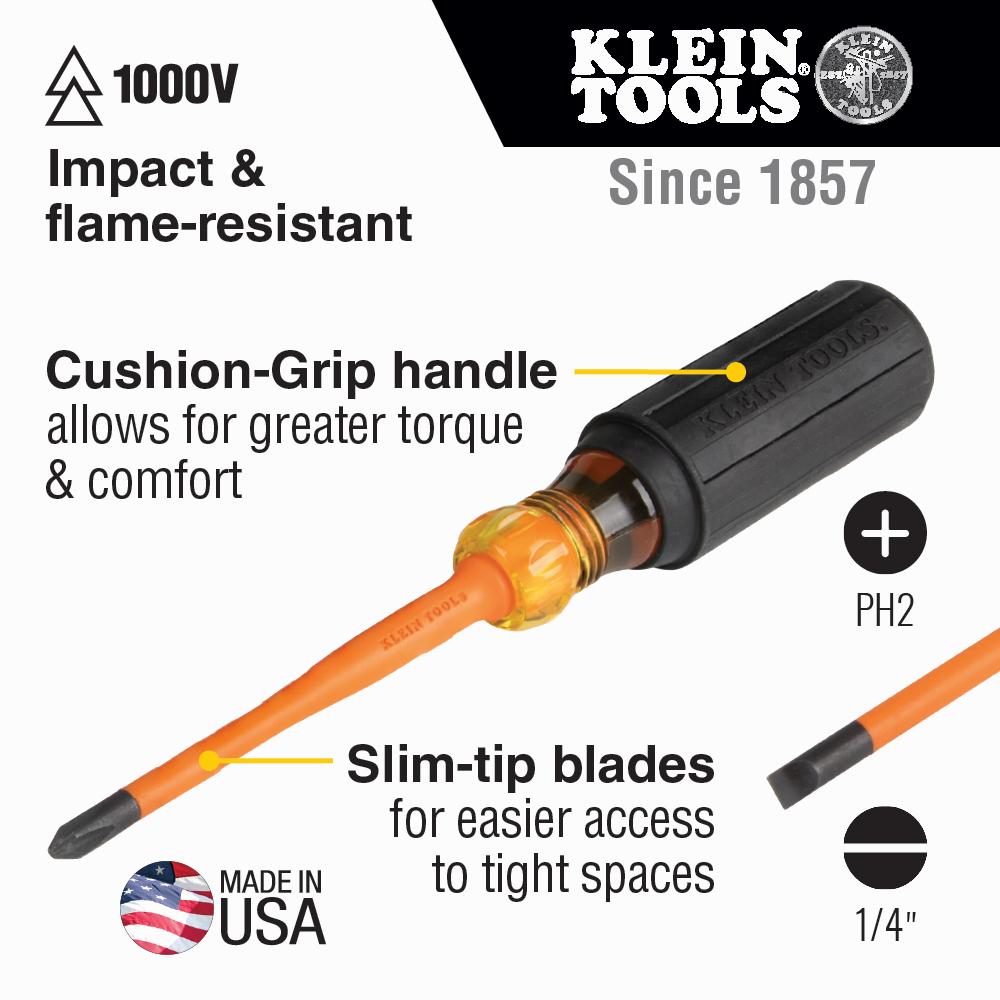 Klein Tools 33732INS Screwdriver Set, Slim-Tip Insulated Phillips and Cabinet Tips, 2-Piece