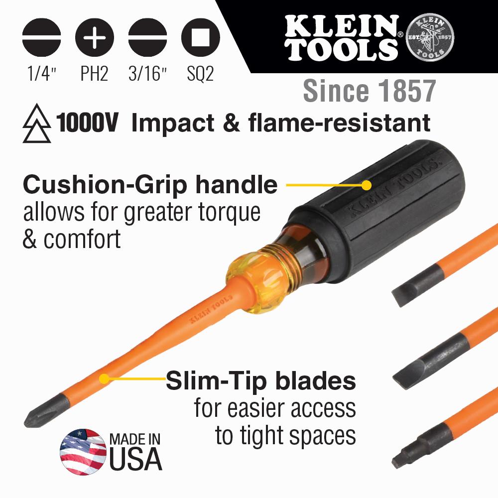 Klein Tools 33734INS Screwdriver Set, Slim-Tip Insulated Phillips, Cabinet, Square, 4-Piece