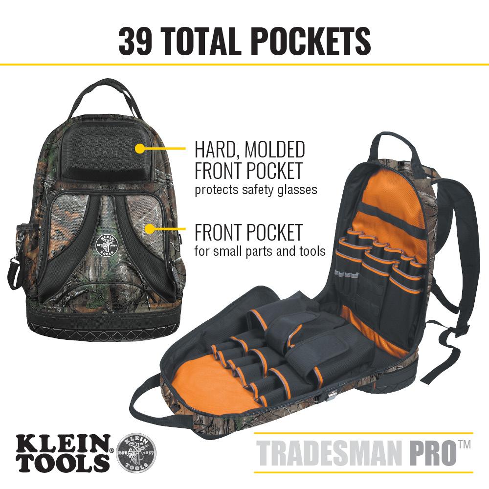 Klein Tools 55421BP14CAMO Tradesman Pro Tool Bag Backpack, 39 Pockets, Camo, 14-Inch