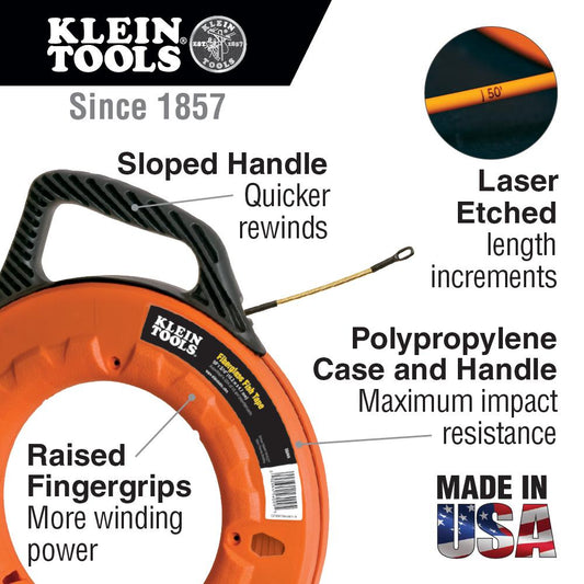 Klein Tools 56014 Fiberglass Fish Tape with Spiral Leader, 200-Foot