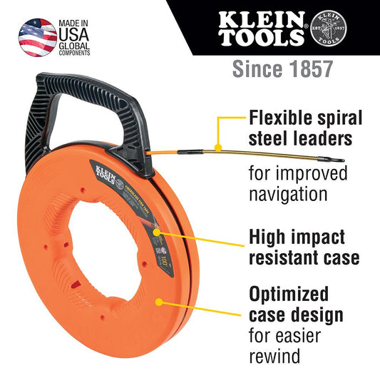 Klein Tools 56351 Fiberglass Fish Tape with Spiral Steel Leader, 100-Foot
