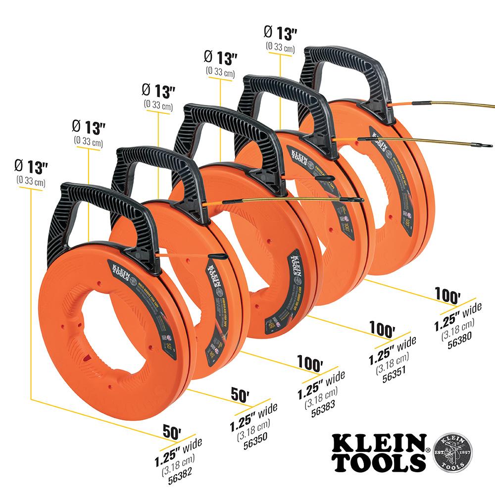 Klein Tools 56351 Fiberglass Fish Tape with Spiral Steel Leader, 100-Foot