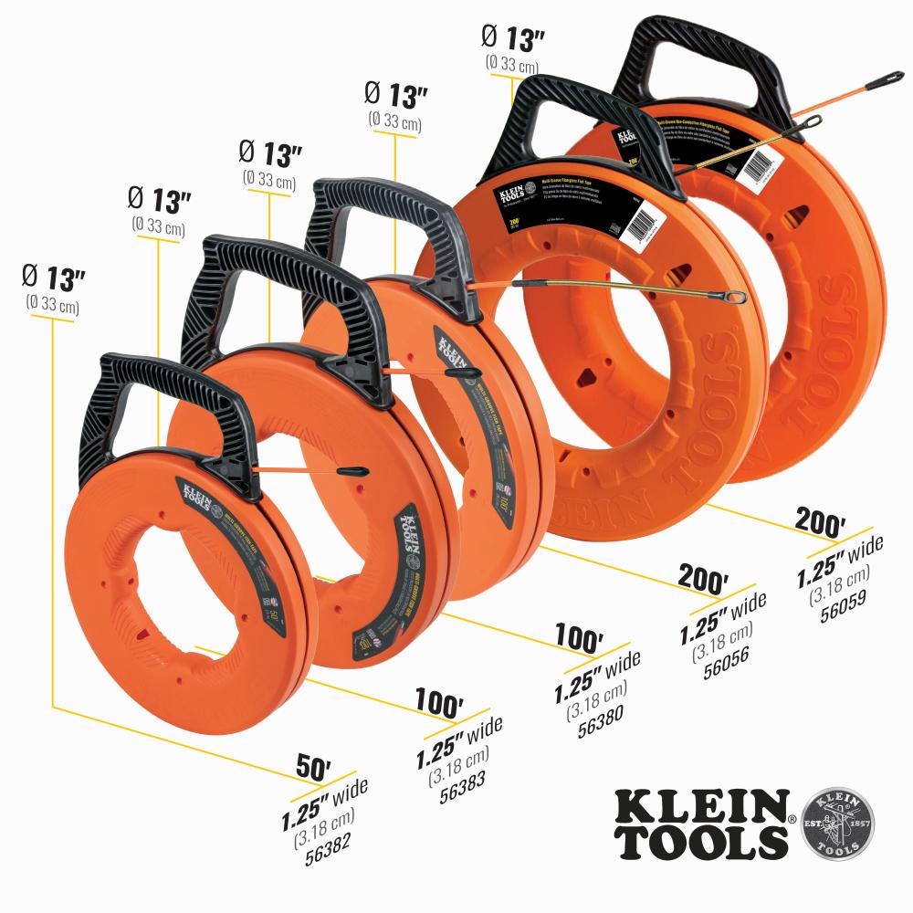Klein Tools 56380 Multi-Groove Fiberglass Fish Tape with Spiral Steel Leader, 100-Foot