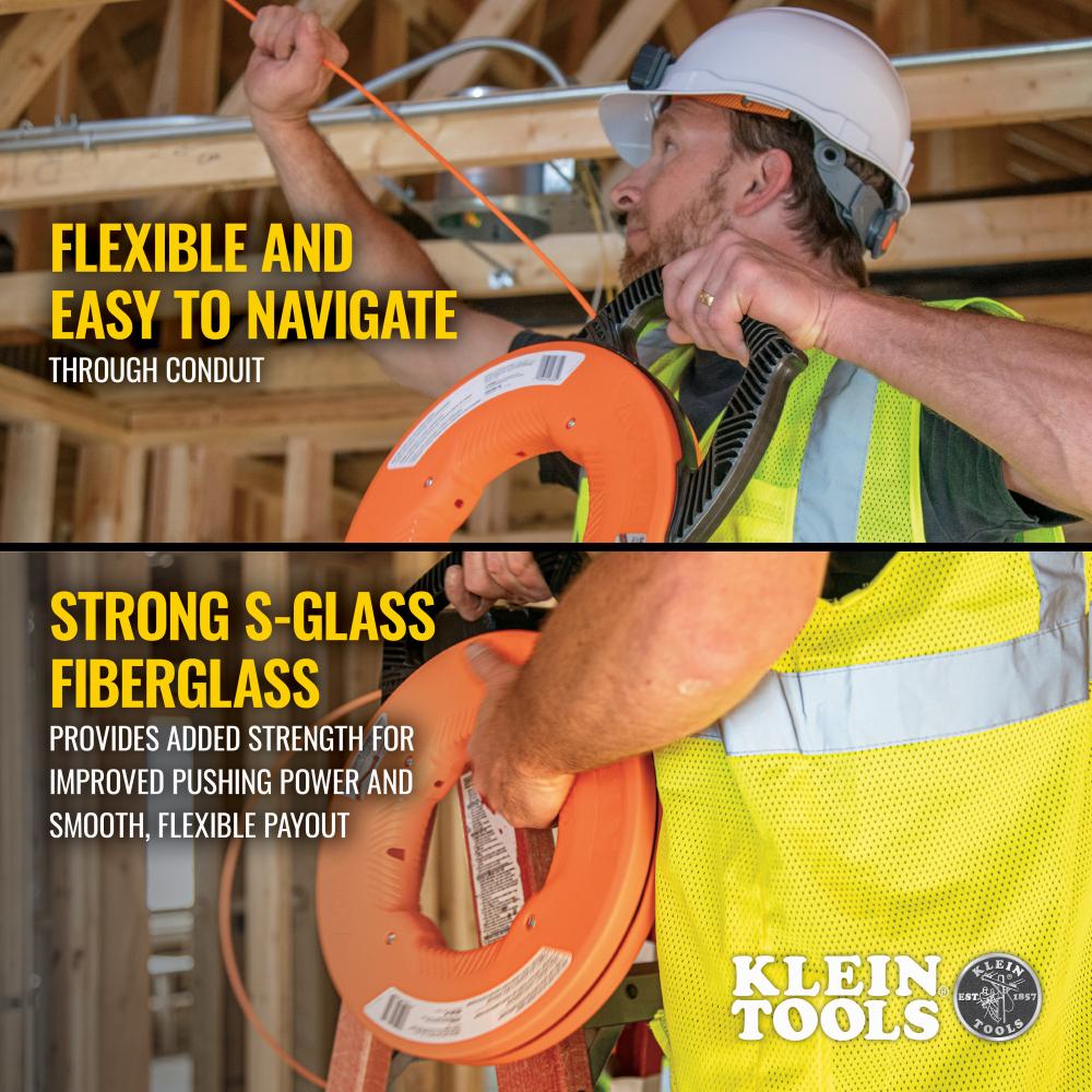 Klein Tools 56380 Multi-Groove Fiberglass Fish Tape with Spiral Steel Leader, 100-Foot