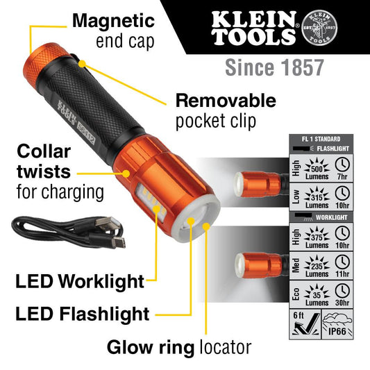 Klein Tools 56412 Rechargeable LED Flashlight with Worklight