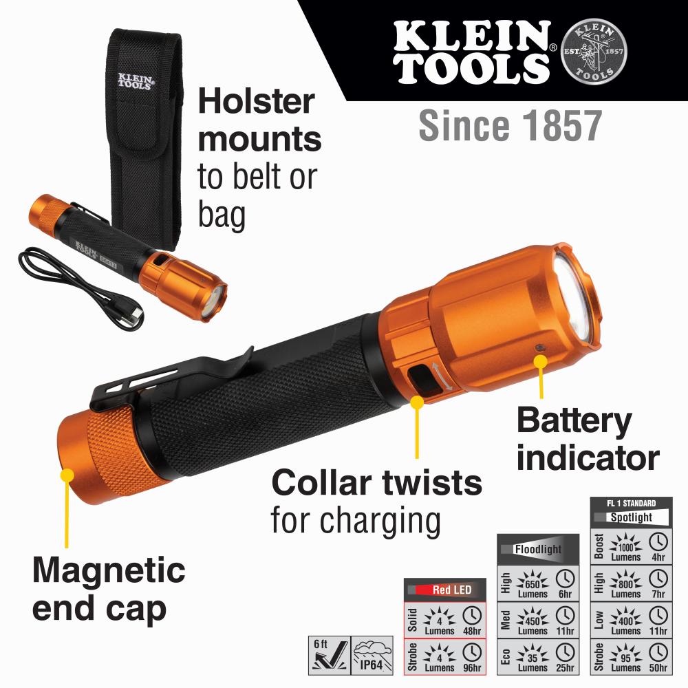 Klein Tools 56413 Rechargeable 2-Color LED Flashlight with Holster