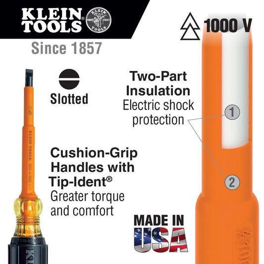 Klein Tools 605-7-INS Insulated 1/4-Inch Cabinet Tip Screwdriver, 7-Inch