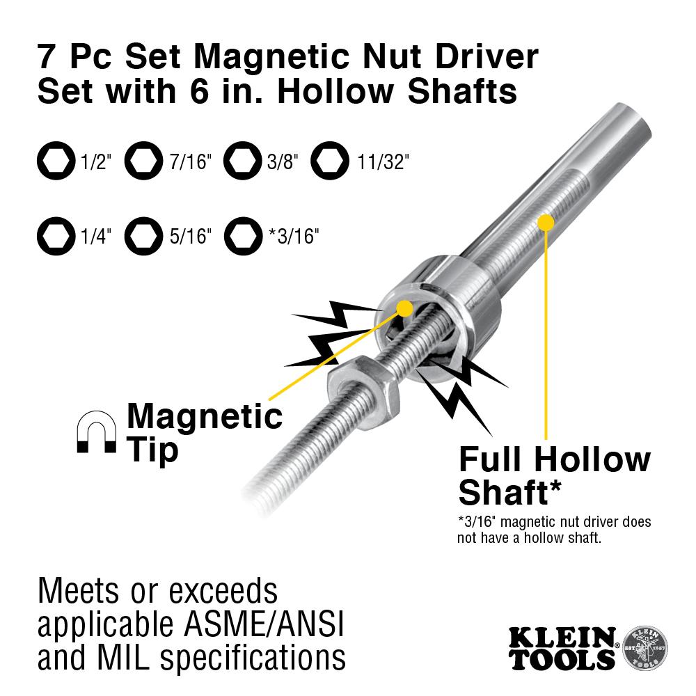 Klein Tools 647M 7 Piece Magnetic Nut Driver Set 6" Shanks