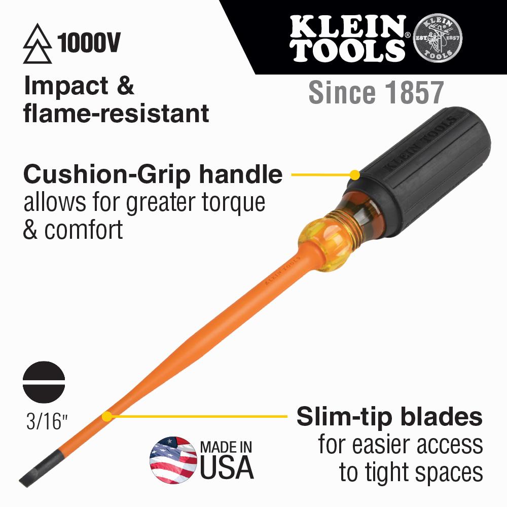 Klein Tools 6916INS Slim-Tip Insulated Screwdriver, 3/16-Inch Cabinet, 6-Inch Round Shank