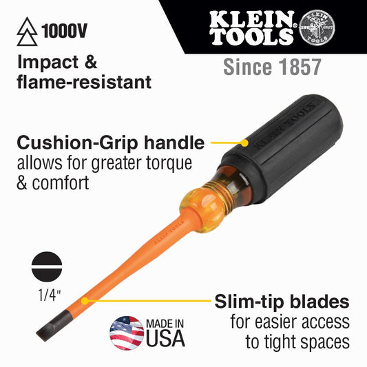 Klein Tools 6924INS Slim-Tip Insulated Screwdriver, 1/4-Inch Cabinet, 4-Inch Round Shank