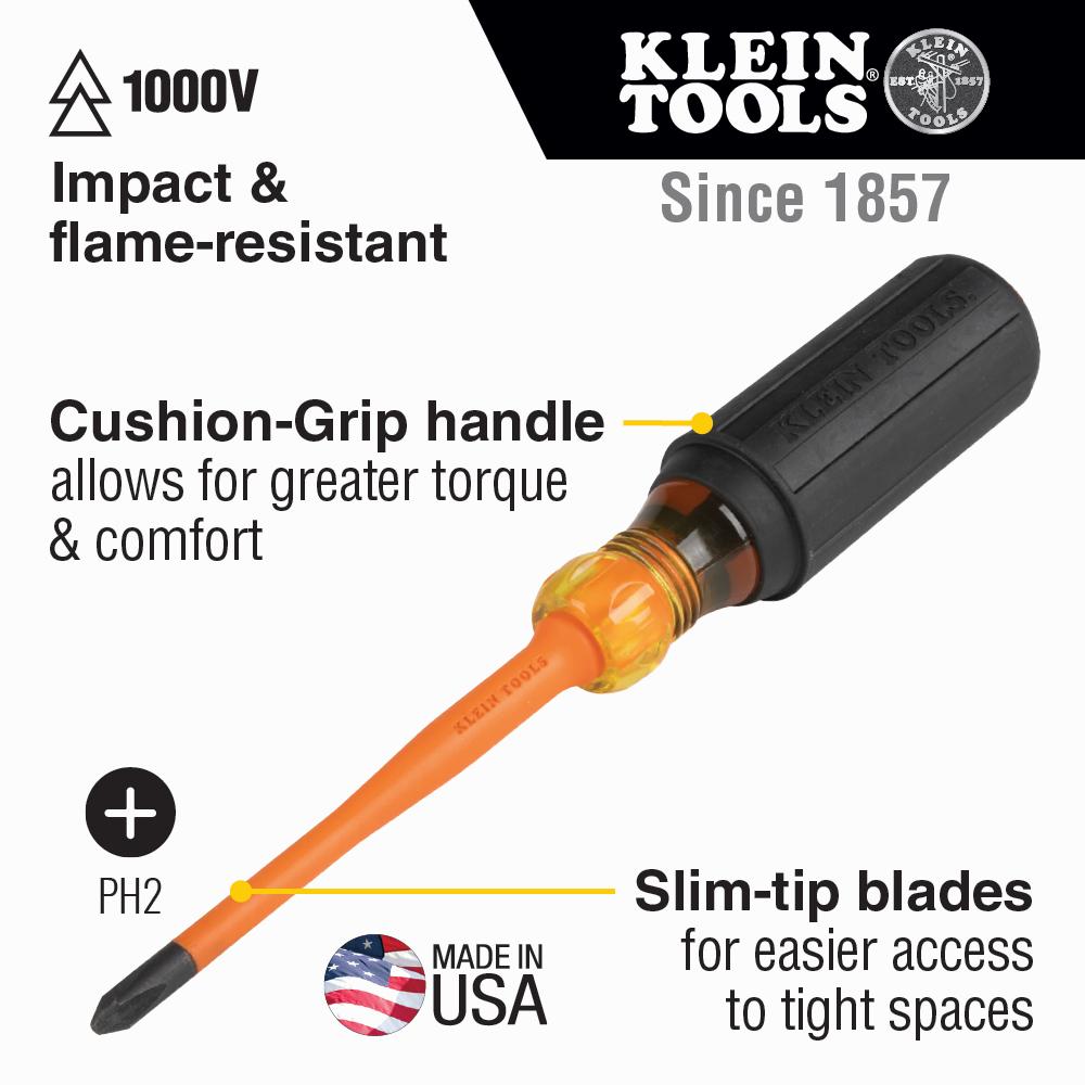 Klein Tools 6934INS Slim-Tip Insulated Screwdriver, #2 Phillips, 4-Inch Round Shank