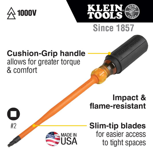 Klein Tools 6944INS Slim-Tip 1000V Insulated Screwdriver, #2 Square, 4-Inch Round Shank