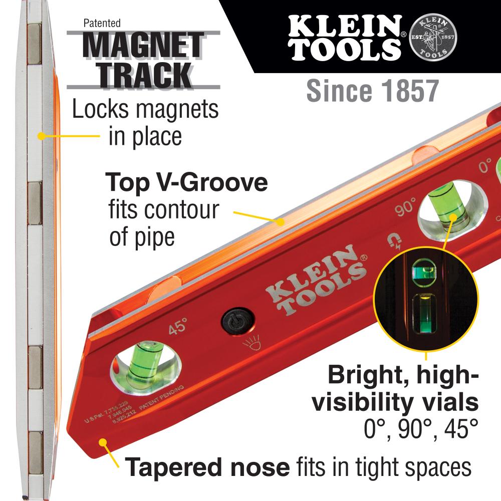 Klein Tools 935RBLT Lighted Torpedo Billet Level, Rare-Earth Magnet