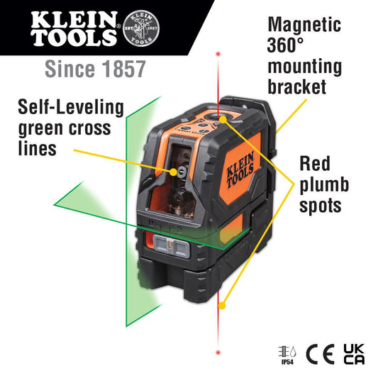 Klein Tools 93LCLG Laser Level, Self-Leveling Green Cross-Line and Red Plumb Spot