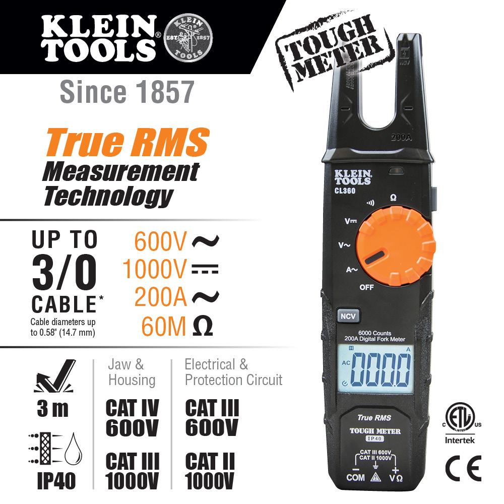 Klein Tools CL360 Electrical Tester, Open Jaw Fork Meter, AC Auto-Ranging, 200 Amp