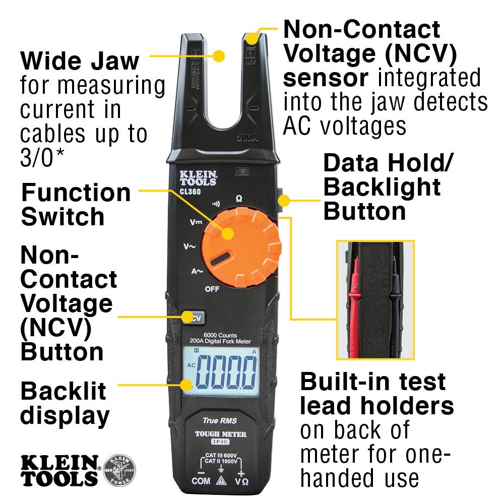 Klein Tools CL360 Electrical Tester, Open Jaw Fork Meter, AC Auto-Ranging, 200 Amp