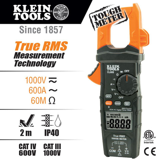 Klein Tools CL600 Digital Clamp Meter, True RMS, AC Auto-Ranging, 600 Amps