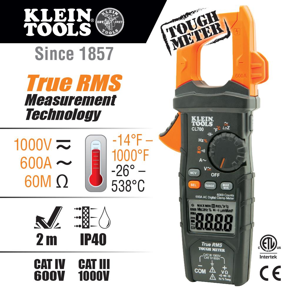 Klein Tools CL700 Digital Clamp Meter, AC Auto-Ranging TRMS, Low Impedance (LoZ) Mode