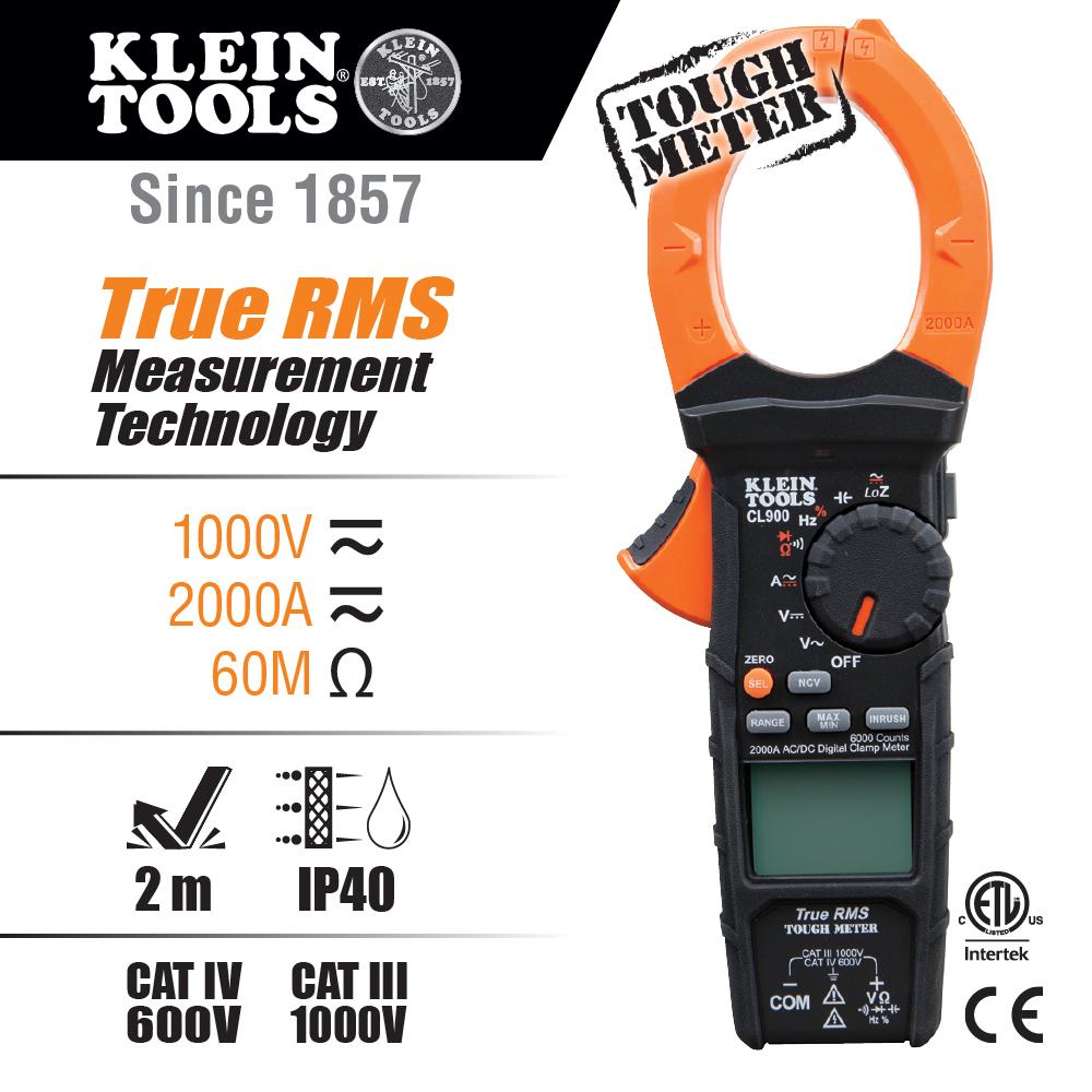 Klein Tools CL900 Digital Clamp Meter, AC Auto-Range TRMS, Low Impedance (LoZ), 2000 Amp