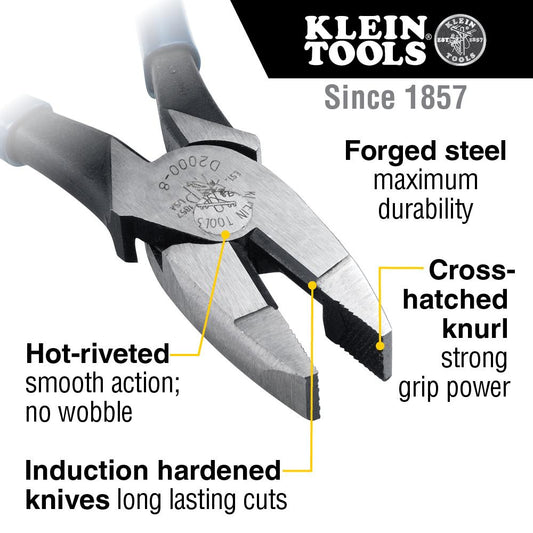 Klein Tools D2000-8 Lineman's Pliers, Heavy-Duty Side Cutting, 8-Inch