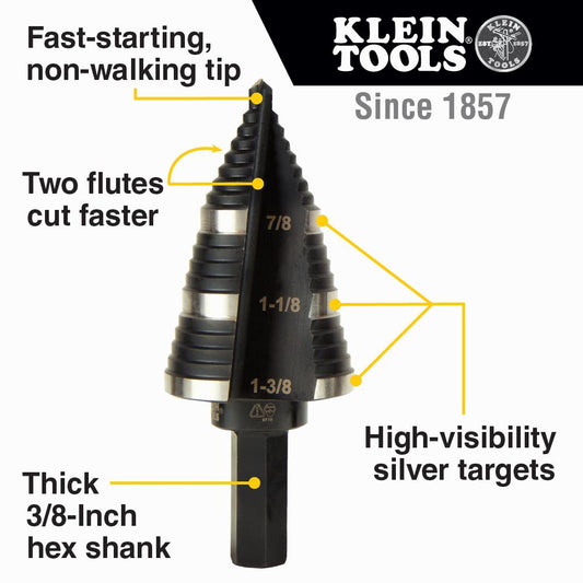 Klein Tools KTSB01 Step Drill Bit Double-Fluted #1, 1/8 to 1/2-Inch