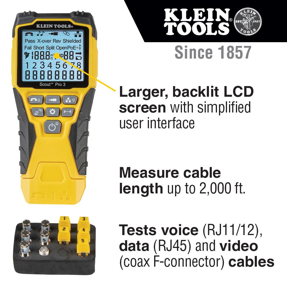 Klein Tools VDV501-851 Cable Tester Kit with Scout® Pro 3 Tester, Remotes, Adapter, Battery