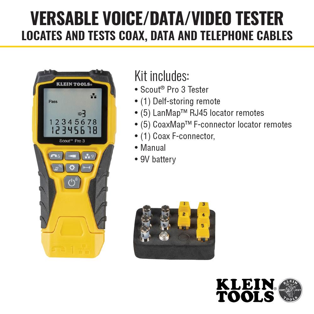 Klein Tools VDV501-851 Cable Tester Kit with Scout® Pro 3 Tester, Remotes, Adapter, Battery