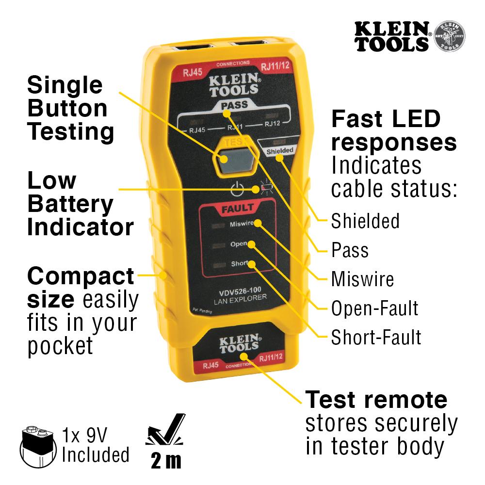 Klein Tools VDV526-100 Network Cable Tester, LAN Explorer® Data Cable Tester with Remote