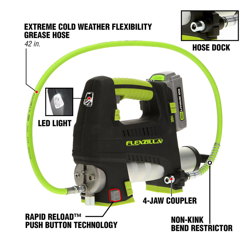 FlexZilla L1388LFZ 20V Cordless Grease Gun Kit with 42” Flexible Grease Hose, Rapid Reload™ Push Button Technology, LED Light, 2 Li-Ion Batteries, Charger, and Carrying Case
