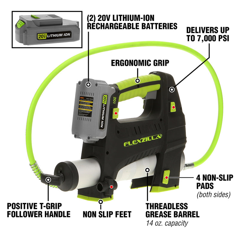 FlexZilla L1388LFZ 20V Cordless Grease Gun Kit with 42” Flexible Grease Hose, Rapid Reload™ Push Button Technology, LED Light, 2 Li-Ion Batteries, Charger, and Carrying Case