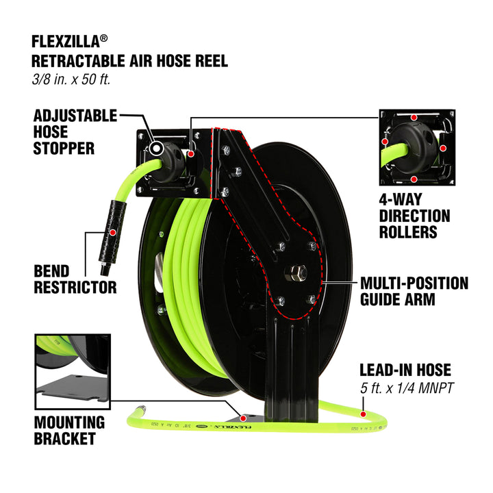 FlexZilla L8611FZ Retractable Air Hose Reel, Open Face, Single Axle Arm, 3/8" x 50'