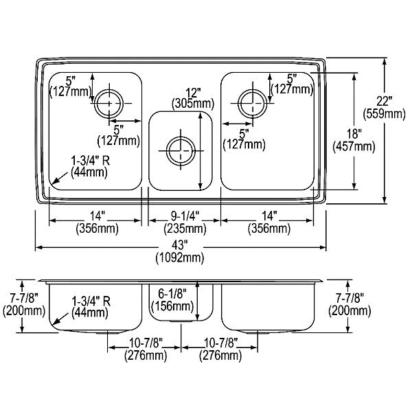 Elkay LCR4322 Lustertone® Classic Stainless Steel 43" x 22" x 7-7/8" Triple Bowl Drop-in Sink