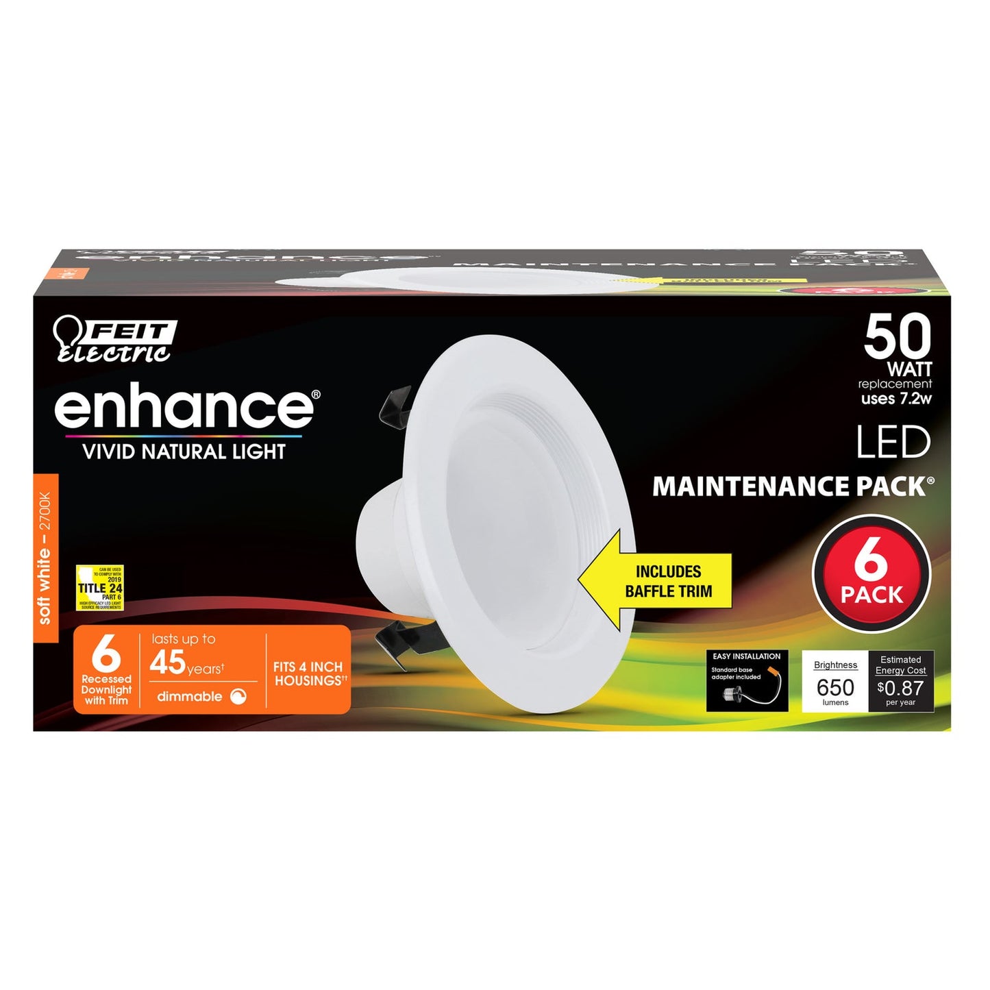 Feit Electric LEDR4B/927CA/MP/6 4 in. 7.2W (50W Replacement) Soft White (2700K) Baffle Trim LED Recessed Downlight (6-Pack)