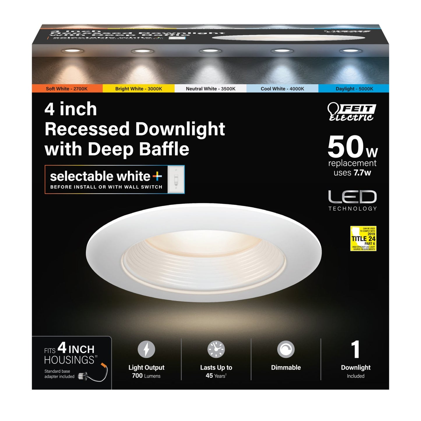 Feit Electric LEDR4DB/6WYCA 4 in. 7.7W (50W Replacement) Selectable White Deep Baffle Recessed LED Downlight