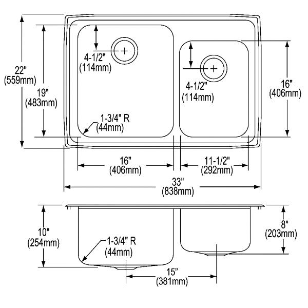 Elkay LFGR3322 Lustertone® Classic Stainless Steel 33" x 22" x 10" 60/40 Double Bowl Drop-in Sink