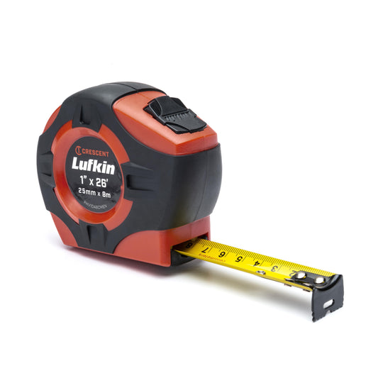 Lufkin PHV1048CMEN 1" x 8m/26' P1000 Series SAE/Metric Yellow Clad A20 Blade Power Return Tape Measure