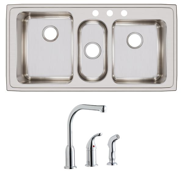 Elkay LGR4322C Lustertone® Classic Stainless Steel 43" x 22" x 10" Triple Bowl Drop-in Sink + Faucet Kit