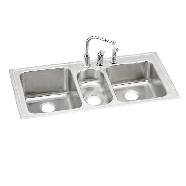 Elkay LGR4322C Lustertone® Classic Stainless Steel 43" x 22" x 10" Triple Bowl Drop-in Sink + Faucet Kit