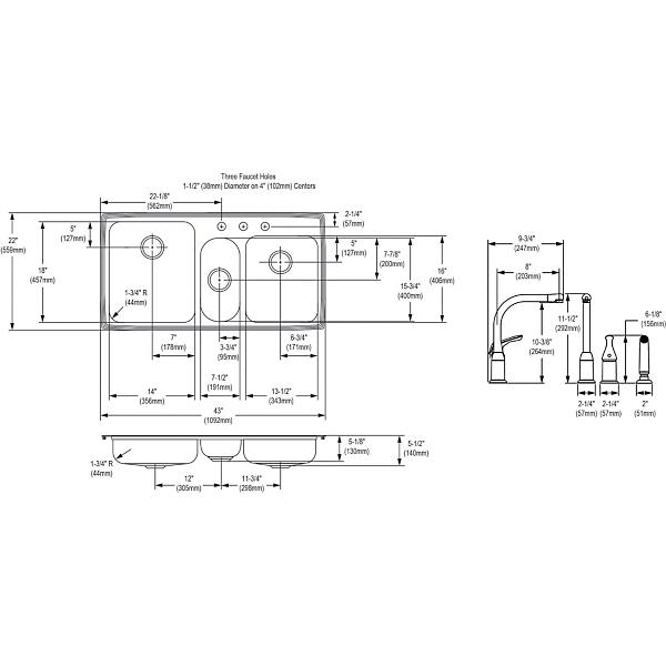 Elkay LGR4322C Lustertone® Classic Stainless Steel 43" x 22" x 10" Triple Bowl Drop-in Sink + Faucet Kit