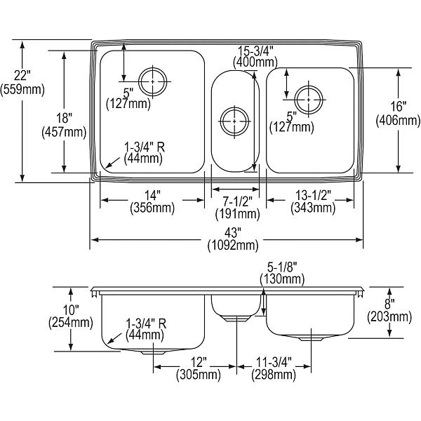 Elkay LGR4322 Lustertone® Classic Stainless Steel 43" x 22" x 10" Triple Bowl Drop-in Sink