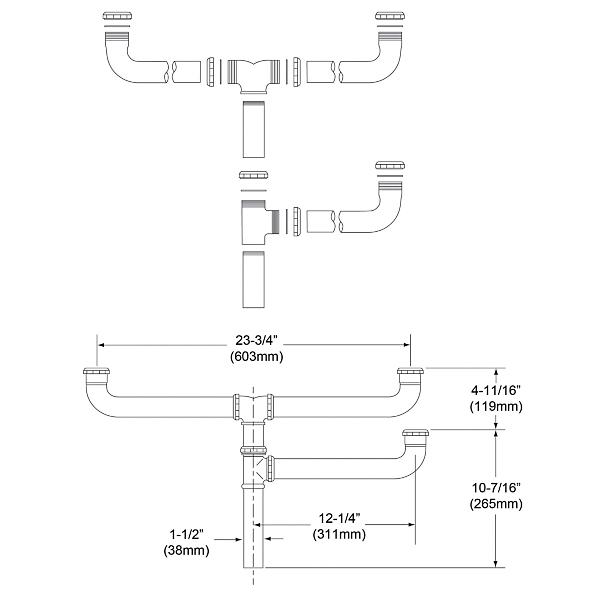 Elkay LK290 3-1/2" Drain Fitting Center Outlet for Triple Bowl Sinks with Offset Center Drain